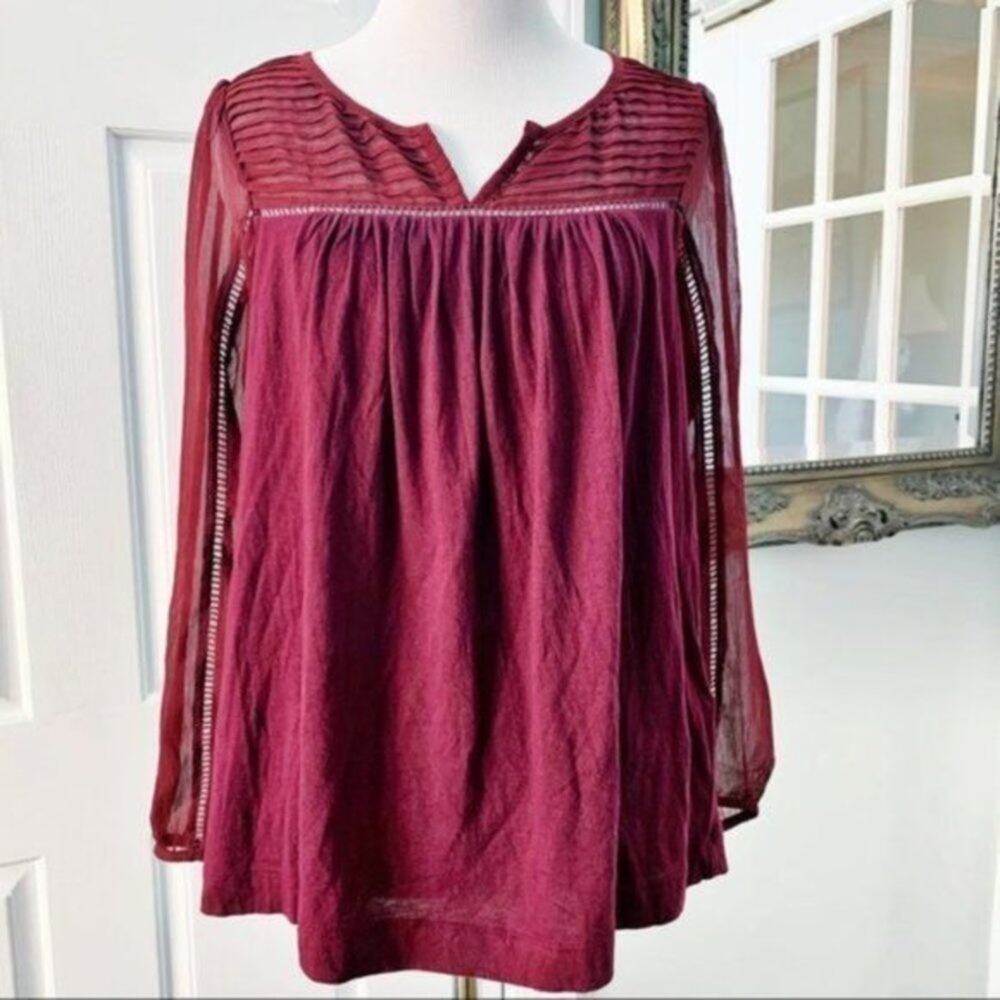 Lucky Brand Burgundy Sheer Long Sleeve Top Size XS